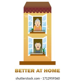 An elderly man and woman.Home is better.Open Windows of high-rise buildings.People in the window.Grandma and grandpa are at home.Vector illustration
