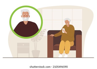 Elderly man and womanr talking via video connection. Senior gray man on phone screen. Senior woman sitting in chair and looking at her smartphone at home. Video chat. Flat vector illustration.