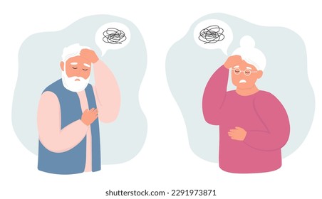 An elderly man and women suffers from migraine, confusion, memory loss, dementia. Mental age-related diseases. Vector flat graphics.