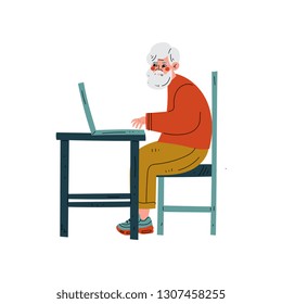 Elderly Man Working with Laptop Computer, Bearded Senior Man Daily Activity Vector Illustration