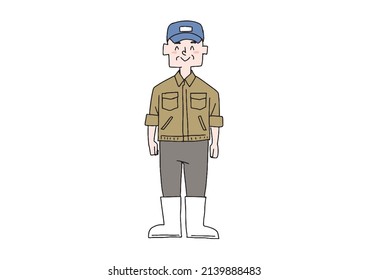 Elderly man working in the market Comical handwritten person Vector, line drawing and color
