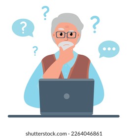 Elderly man is working on laptop and thinking. Computer education for retired people. Older generation problems using technology. Vector illustration on white background.