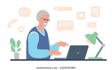 Elderly man working on laptop. Senior retired man using computer for communication, chatting in social media, freelance and online education. Vector illustration.