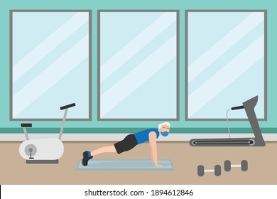 Elderly man working out at gym 2D flat vector concept for banner, website, illustration, landing page, flyer, etc