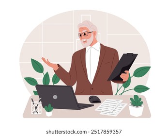 Elderly man works on a laptop. An office worker is sitting at a laptop. Internet business. Vector flat illustration isolated on white background