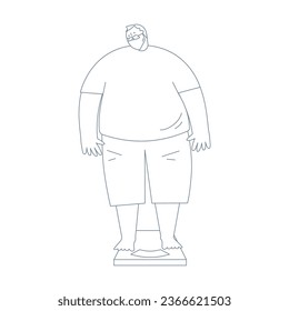 An elderly man worried about being overweight. He is on the scale.