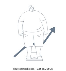 An elderly man worried about being overweight. He is on the scale.