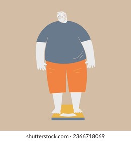 An elderly man worried about being overweight. He is on the scale.