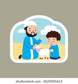 Elderly Man and Young Boy with a Lamb in a Field flat vector illustration. Suitable for Idul Adha sticker