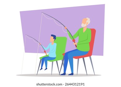 Elderly man and young boy sitting on colorful chairs, each holding fishing rods. Family sharing joyful moment as they engaged in fishing. Bond across generations concept