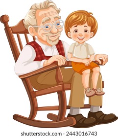 Elderly man and young boy smiling on rocking chair.