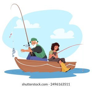 Elderly Man And Young Girl Engage In Fishing From A Small Boat, Focusing Intently On Their Fishing Rods. The Backdrop Features A Calm Lake And A Clear Sky, Enhancing The Tranquil Mood of Characters