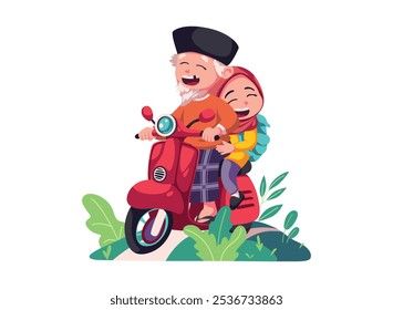 An elderly man and a young girl ride a scooter, sharing laughter and joy on a sunny day.