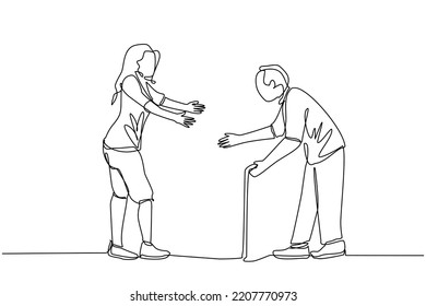 An elderly man and a young woman walk face to face while preparing to hug. elderly man holding a stick. young woman with long hair. both walk slowly. young women enthusiastically welcome the elderly