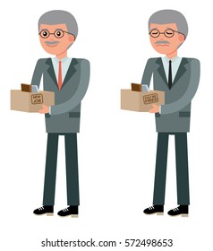 The elderly manager smiles with joy when he took the job, and sad at the dismissal. New job, hiring and dismissal concept. Set in flat design. Cartoon vector flat-style illustration