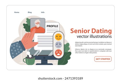 Elderly man's online dating profile on a computer screen, with an interface for selecting emotional responses, emphasizing modern senior digital interactions. Flat vector illustration