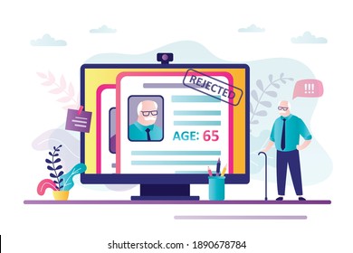 Elderly man's resume was rejected. Summary with stamp rejected on computer screen. Concept of ageism and discrimination against elderly. Employment problem for old people. Flat vector illustration