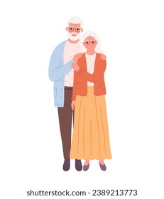 Elderly marriage couple hugging. Smiling grandpa and granny. Vector illustration in flat style