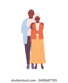 Elderly marriage couple hugging. Smiling grandpa and granny. Vector illustration in flat style