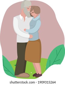 Elderly married couple, against the background of the meadow. Grandfather and grandmother, in love with each other