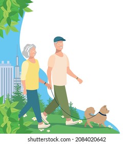 An elderly married couple with a dog are walking along a path in the forest. Vector illustration of active elderly people on the background of a beautiful summer forest landscape