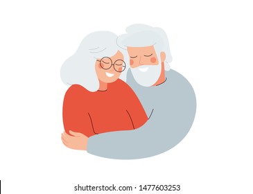 Elderly married couple embracing each other with love. Old man and woman hugging together. Funny cartoon characters isolated on white background. Colorful illustration in flat style.