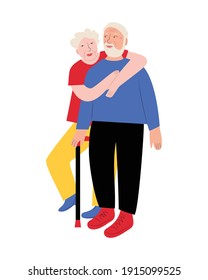 An elderly married couple embracing. A white-haired man and a woman. Grandparents. Vector illustration in flat style