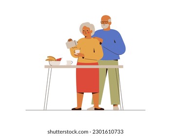 Pareja casada anciana preparando el desayuno en casa juntos. Mujer mayor preparando café o té oscuro para su marido por la mañana. Madura dos personas tienen brunch en la cocina. Ilustración del vector