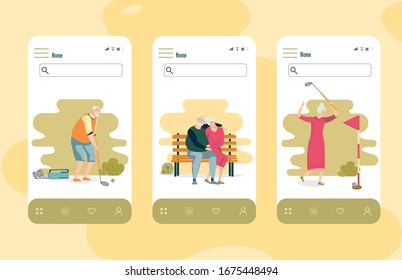 Elderly Married Couple Pastime and Joint Hobby. Man in Vest and Glasses Play his Favorite Game with Retired Club. Pair Gray-haired People Resting on Bench, Hugging. Woman Rejoice Victory in Golf.