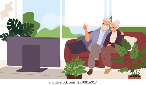 Elderly married couple. Senior people watching TV show. Grandpa and grandma hugging. Grandparents sitting on couch. Living room interior. Leisure at television. Garish