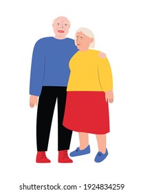 An elderly married couple. A white-haired man and a woman. Hugging grandparents. Vector flat illustration on a white background