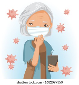 Elderly mask reading on phone or use the phone. Elderly woman search for the corona Covid-19 virus. Health care concept. Cartoon vector illustration.
