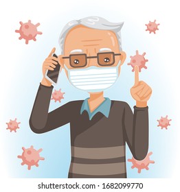 Elderly mask reading on phone or use the phone. Elderly man search for the corona Covid-19 virus. Health care concept. Cartoon vector illustration.
