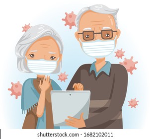 Elderly mask reading on tablet or use the tablet. Elderly couple search for the corona Covid-19 virus. Health care concept. Cartoon vector illustration.
