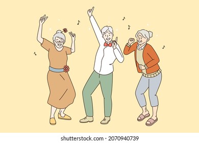 Elderly mature people active lifestyle concept. Group of happy old grey haired men and women dancing having fun enjoying time together vector illustration 