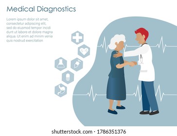 Elderly medical diagnostics, doctor consultation concept. Doctor take care and encourage old patient woman after medical check up. Idea for healthcare and medical service for old senior people.