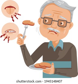 Elderly Men Anorexia. Old Senior Man Bored With Food. Problems Of Tongue, Mouth And Dental Health. Grandfather Don't Want To Eat. Elderly Bored Eating.