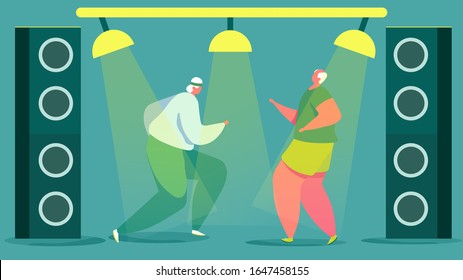 Elderly men dancing in club, active senior people, vector illustration. Healthy old men having fun, cartoon characters dancing to music. Cheerful elderly people in modern disco club, happy retirement