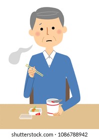 Elderly men eating cup noodles