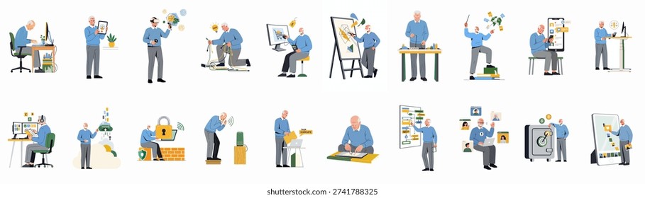 Elderly Men Embracing Technology: A Collection of Illustrations Showing Seniors Learning, Working, and Interacting with Digital Tools and Smart Devices for Modern Life.