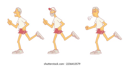 Elderly men go jogging, old people do sports for fun. Athletic older men. Side view. Stock vector illustration of elderly men, pensioners who lead an active lifestyle. Isolated white background.