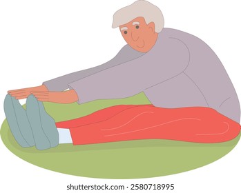 Elderly men, grandfather, older. Cool vector flat character design doing exercises, training in the meadow