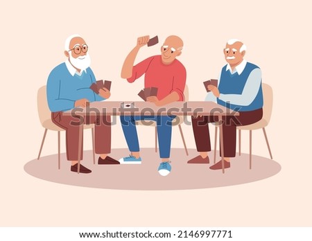 Elderly men have fun playing card board games. People of retirement age spend time together playing poker. Evening gatherings of the friends. Flat vector illustration.