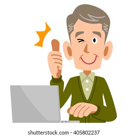 Elderly men and PC to thumb up