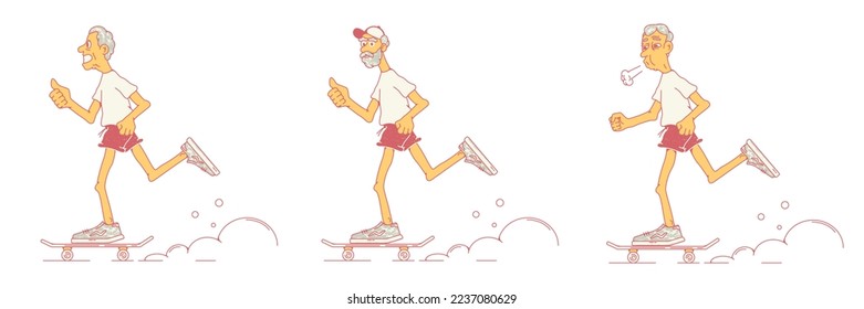 Elderly men ride a skateboard, old people ride a skateboard. Shows thumbs up. Sports people. Side view. Stock vector illustration of elderly men, pensioners leading an active lifestyle.