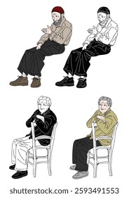 Elderly Men Sitting: Four illustrations of elderly men seated, each in unique attire and posture, offering diverse representations of age and style. The illustrations are in a clean.