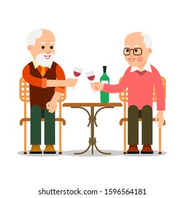 Elderly Men Are Sitting At A Table And Drinking Wine. Old People Enjoying Time Together. Dinner In A Restaurant. Illustration Of People Characters Isolated In Flat Style.