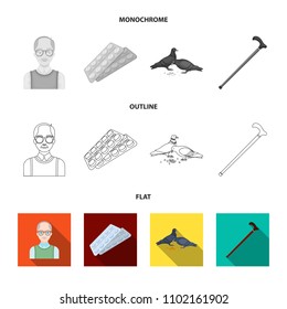 Elderly men, tablets, pigeons, walking cane.Old age set collection icons in flat,outline,monochrome style vector symbol stock illustration web.