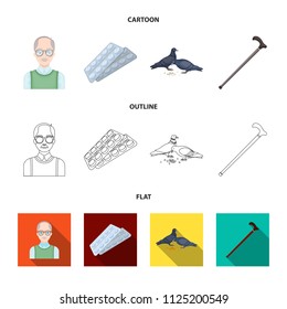 Elderly men, tablets, pigeons, walking cane. Old age set collection icons in cartoon, outline, flat style vector symbol stock illustration web.