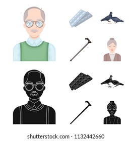 Elderly men, tablets, pigeons, walking cane.Old age set collection icons in cartoon,black style vector symbol stock illustration web.